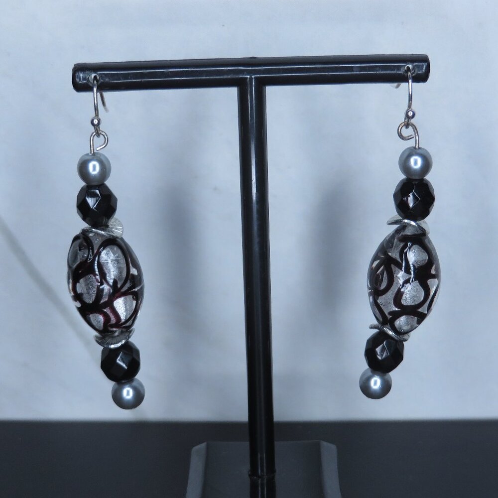 Handmade Earrings with Black and Silver Color Glass Beads